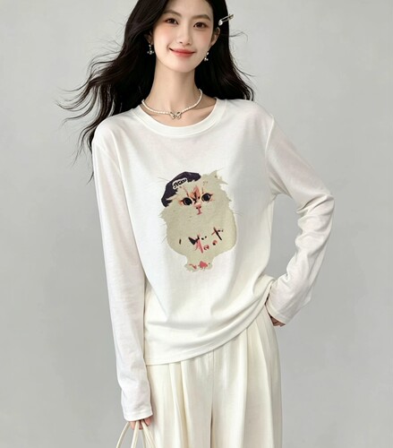 【小田tia专享】 早秋韩系可爱猫咪印花长袖T恤女