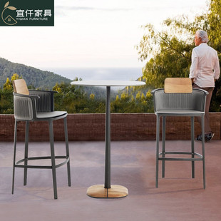 户外绳编吧椅露天酒吧高脚凳靠背椅酒店会所室外吧台柚木藤编藤椅