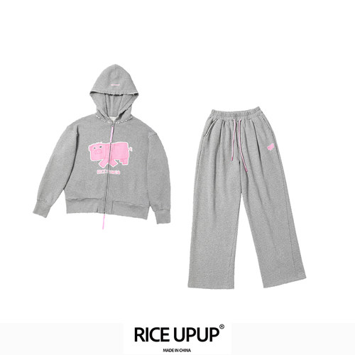 RICEUPUP“米猪猪”灰色猪猪印花套装