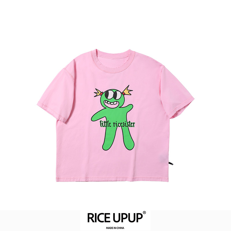 Riceupup&ldquo;米小妹&rdquo;手绘小怪物图案粉色印花T恤男女同款