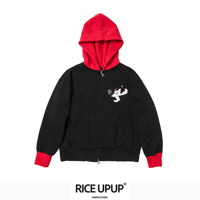 RICEUPUP“网球星”星星刺绣黑色拉链卫衣