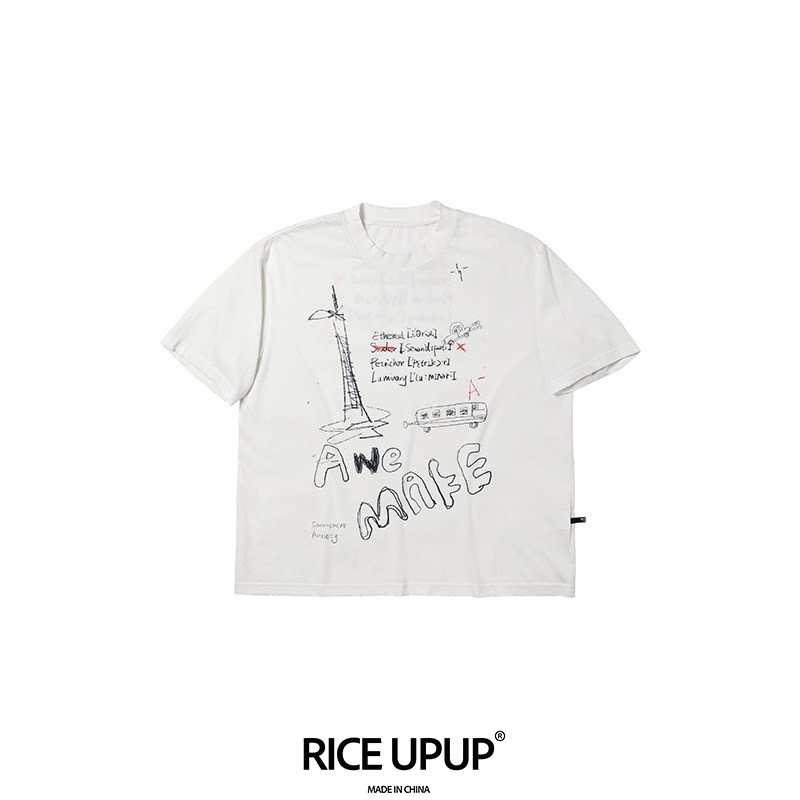 【爆款推荐】Riceupup&ldquo;画板2&rdquo;设计师手绘铁塔涂鸦透气轻薄T恤