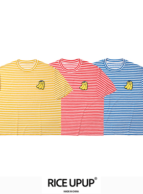 Riceupup“条果果”香蕉刺绣章彩色条纹t恤