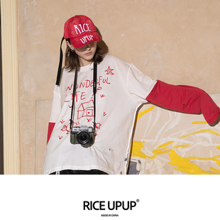 Riceupup“快乐星”小房子字母印花拼接袖圆领长袖T恤