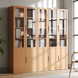 高档实木书柜带玻璃门客厅家用展示柜现代简约儿童书架松木定制储