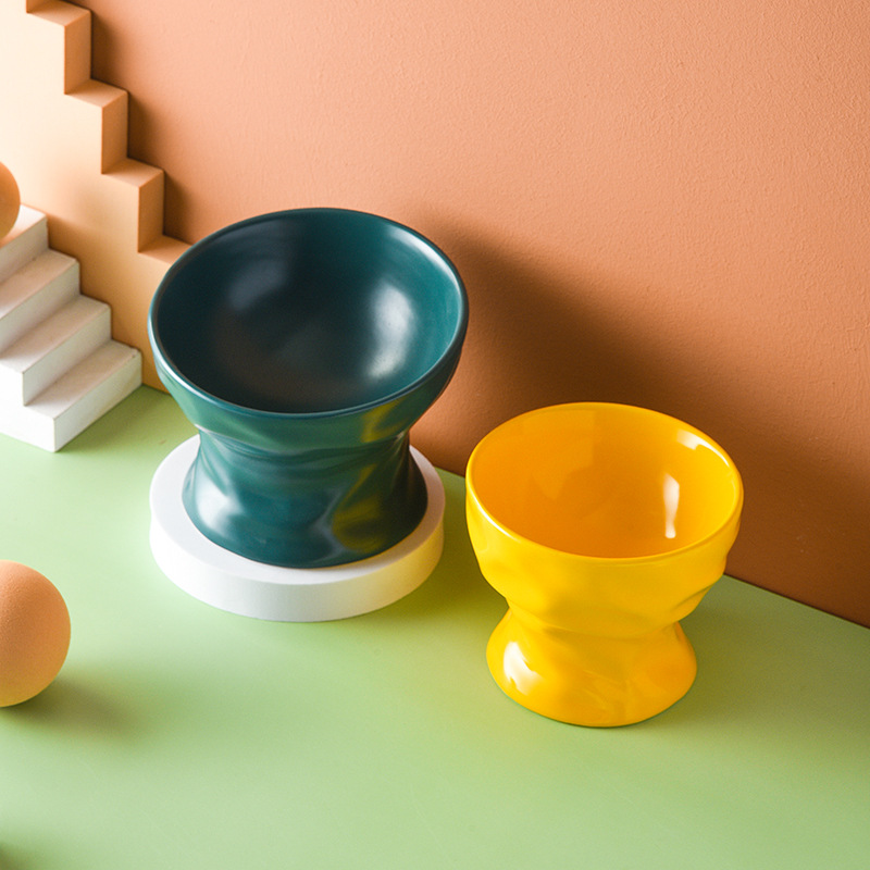 极速高脚斜口碗陶瓷猫碗凹凸纹创意猫食盆喝水碗防打X翻保护颈椎