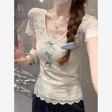 独特别致蕾丝蝴蝶结短袖T恤女夏季新款设计感小众修身显瘦上衣女