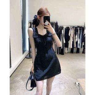 夏季 显瘦微胖mm短裙 大码 复古别致系带翻边吊带连衣裙女设计感韩版