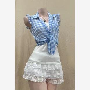 套装 法式 两件套夏季 复古文艺无袖 港风穿搭 连衣短裙蓝色格纹女装
