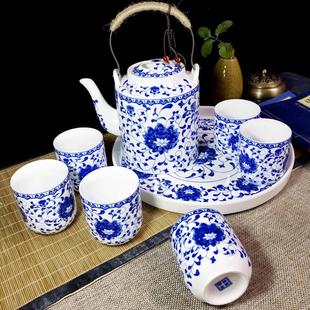 家用客厅中式 景德镇大号大容量青花陶瓷茶具套装 骨质提梁壶凉水杯