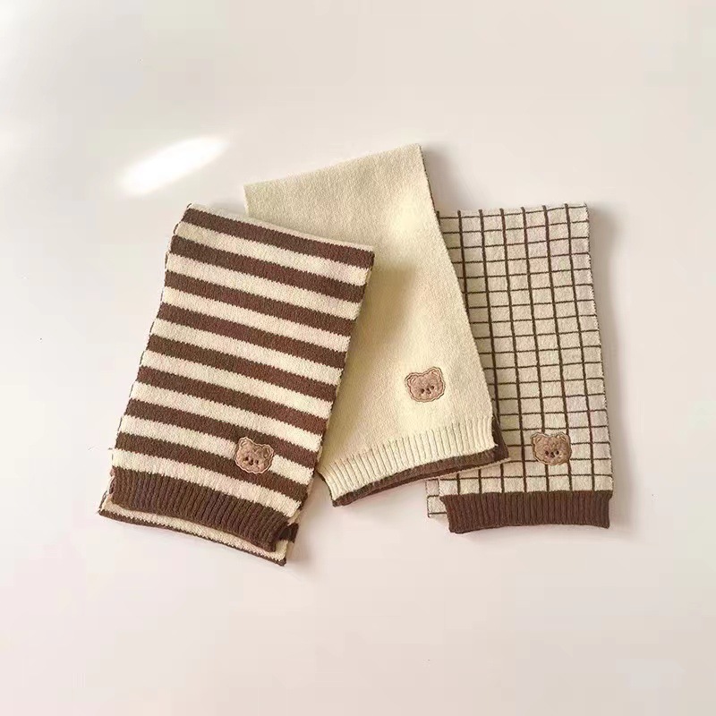 儿童毛线围巾韩式拼色条纹针织男女童刺绣韩国小熊可爱毛线围巾
