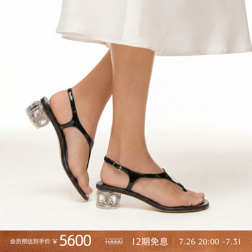 CASADEI/卡桑蒂【26新品】Samurai夹趾凉鞋 水钻粗跟亮面皮革凉鞋