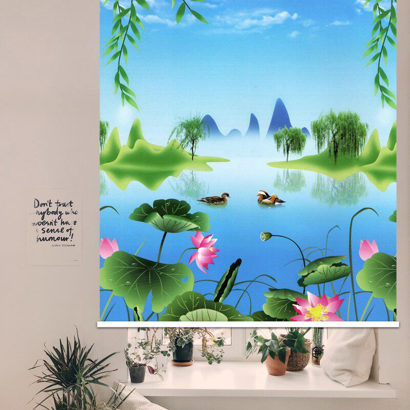 成品窗帘手拉卷帘遮光卧室阳台客厅厨房免打孔升降山水风景画防水