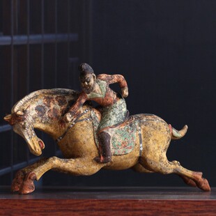 仿古唐朝代陶器陶马陶俑打马球俑摆件马球俑工艺品中式家居饰
