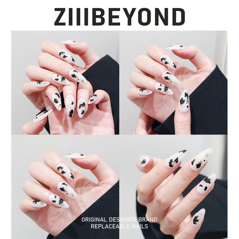 再变 黑白奶糖美甲纯手工个性奶牛小花纹懒人快贴穿戴甲中梯ZB702