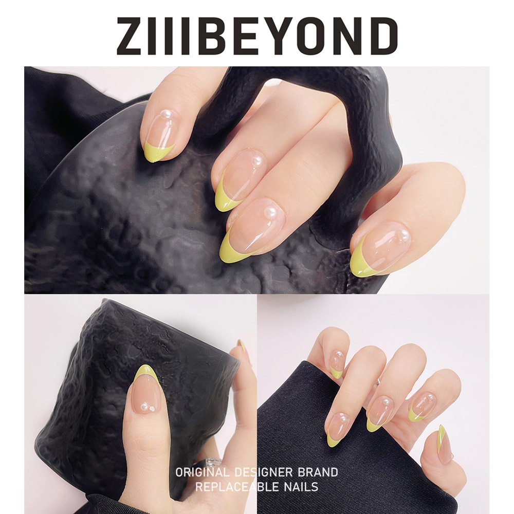 青提短杏仁镶珍珠纯手工法式美甲