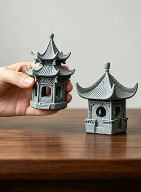 青砂石中式古风重檐亭摆件家居客厅书房茶桌装饰盆景鱼缸造景摆设