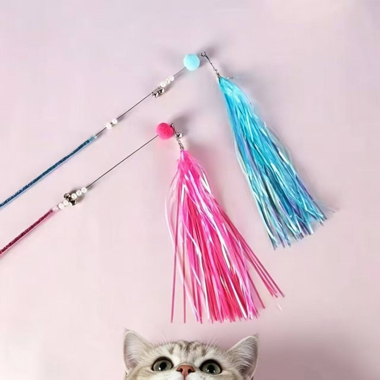 带铃铛流苏响纸逗猫棒彩色替换头自嗨解闷猫咪逗猫宠物玩具