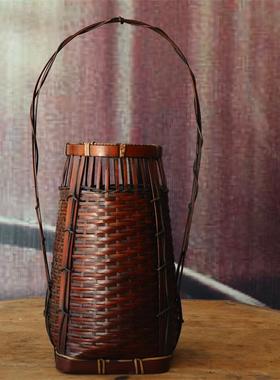 手工竹编花篮装饰编织绕藤花器中式花插工艺品竹制品插花篮竹制品