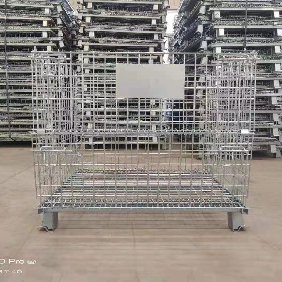 宁波重型站脚蝴蝶笼加轮子加中空板镀锌可折叠带叉车脚仓储笼图片