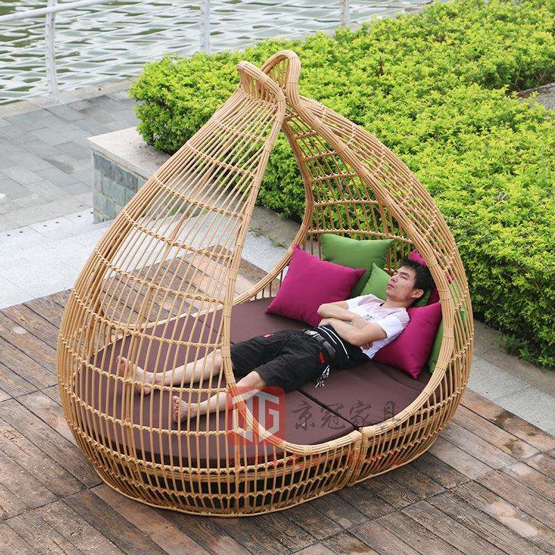 户外仿藤躺床软装设计藤编沙发样板间售楼部鸟巢躺椅创意休闲家具