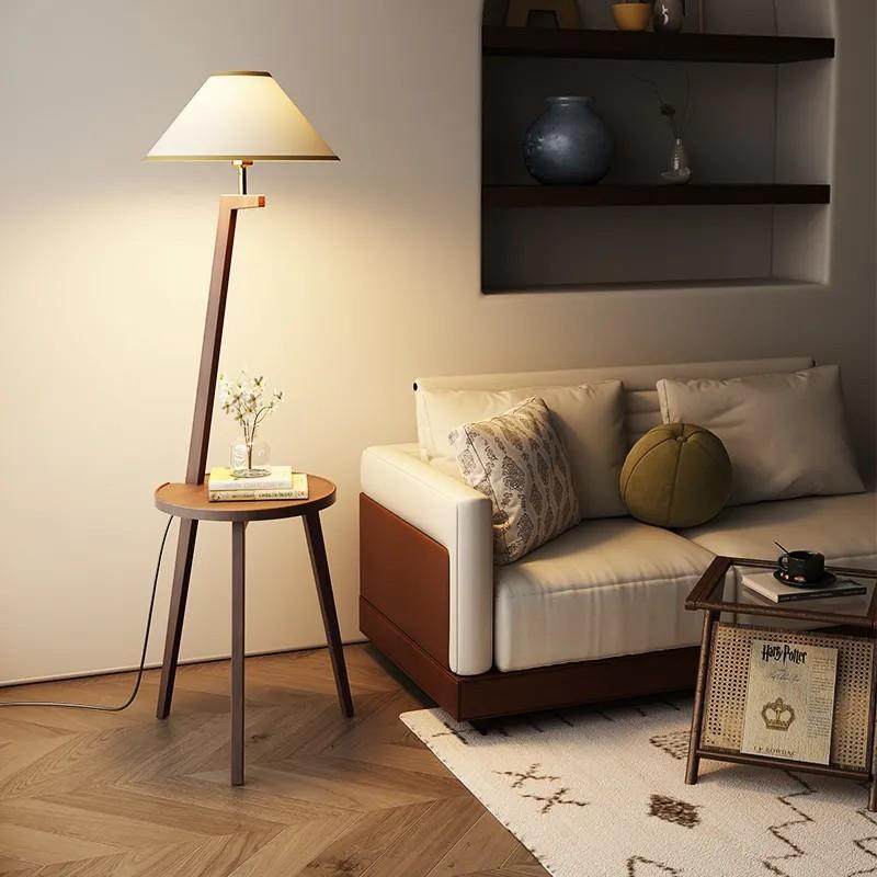 复古茶几落地灯客厅沙发氛围北欧实木卧室床头置物架一体立式台灯