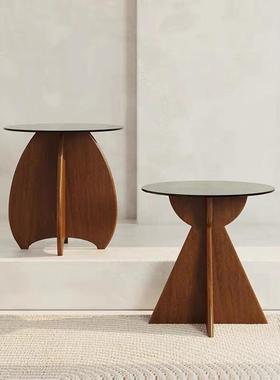 轻奢边几现代简约圆桌钢化玻璃实木小茶几边柜民宿风家用客厅角几