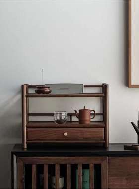 北美黑胡桃双抽置物架新中式桌面收纳架带抽屉茶室茶壶茶杯架