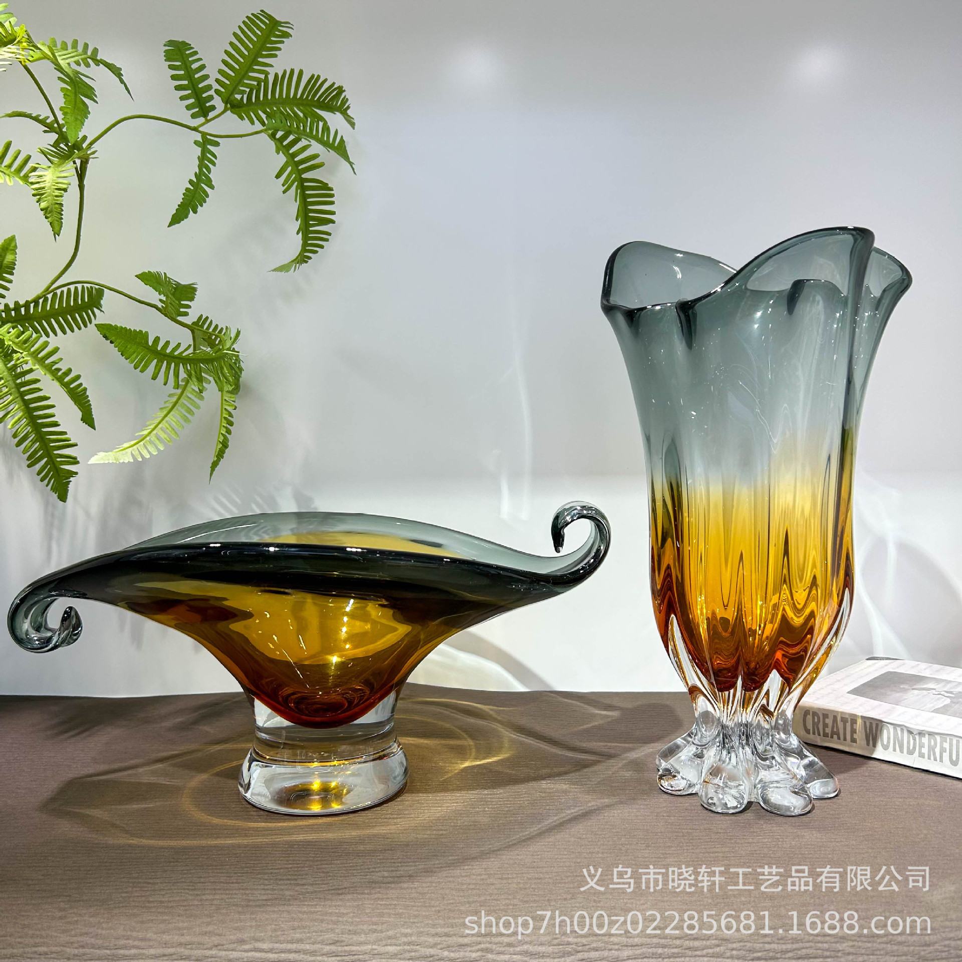 设计师款轻奢琉璃花瓶果盘套装家居客厅酒店样板房高级装饰品摆件