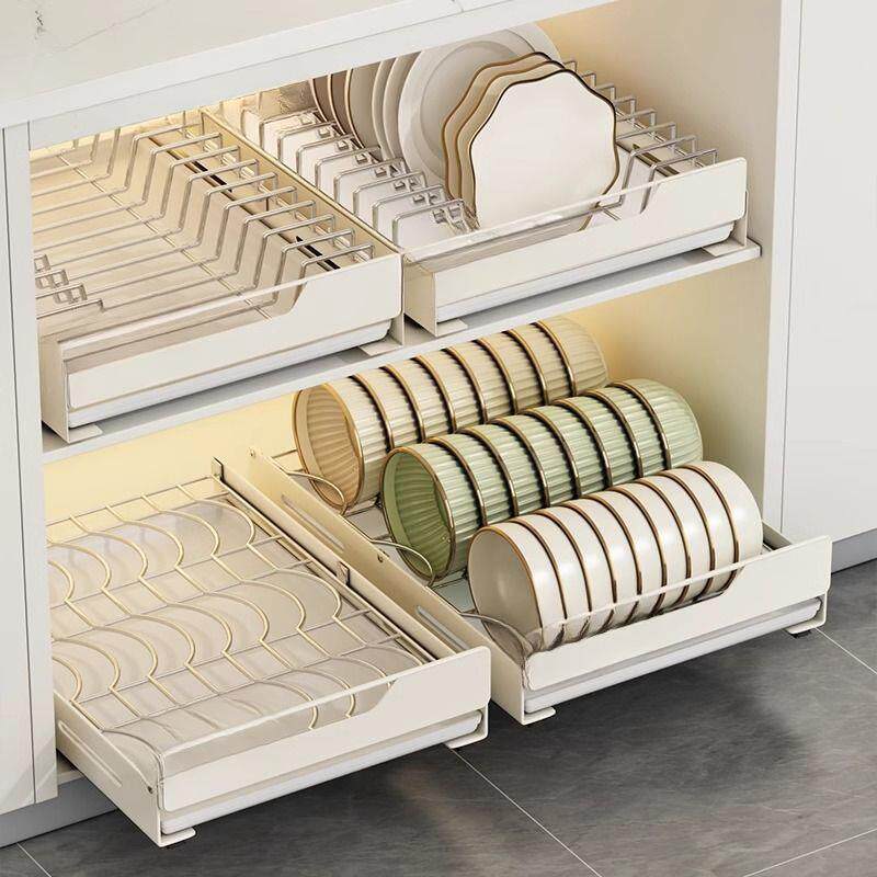 优勤厨房不锈钢碗碟收纳架碗盘橱柜拉篮抽屉式免安装调料置物架子