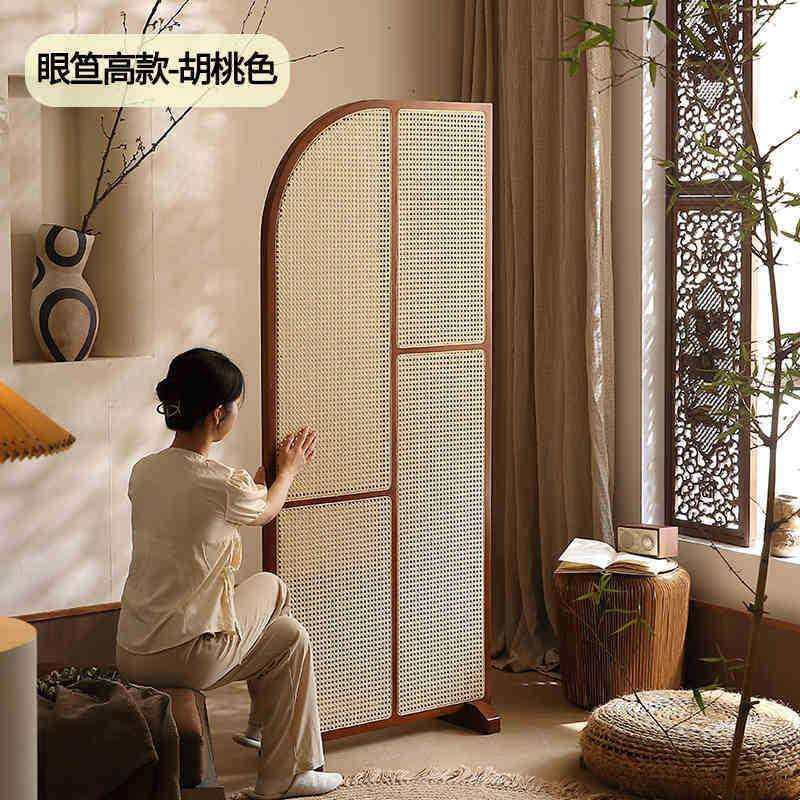 法式实木玄关客厅卫生间屏风可移动藤编新中式沙发遮挡隔断屏风
