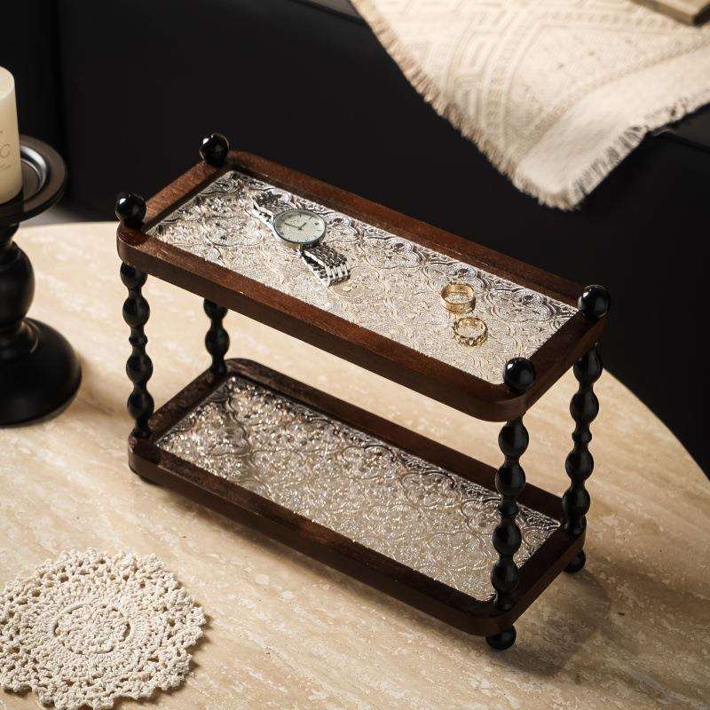 复古风实木双层置物架品质相思木灰边置物托盘轻奢桌面双层收纳架