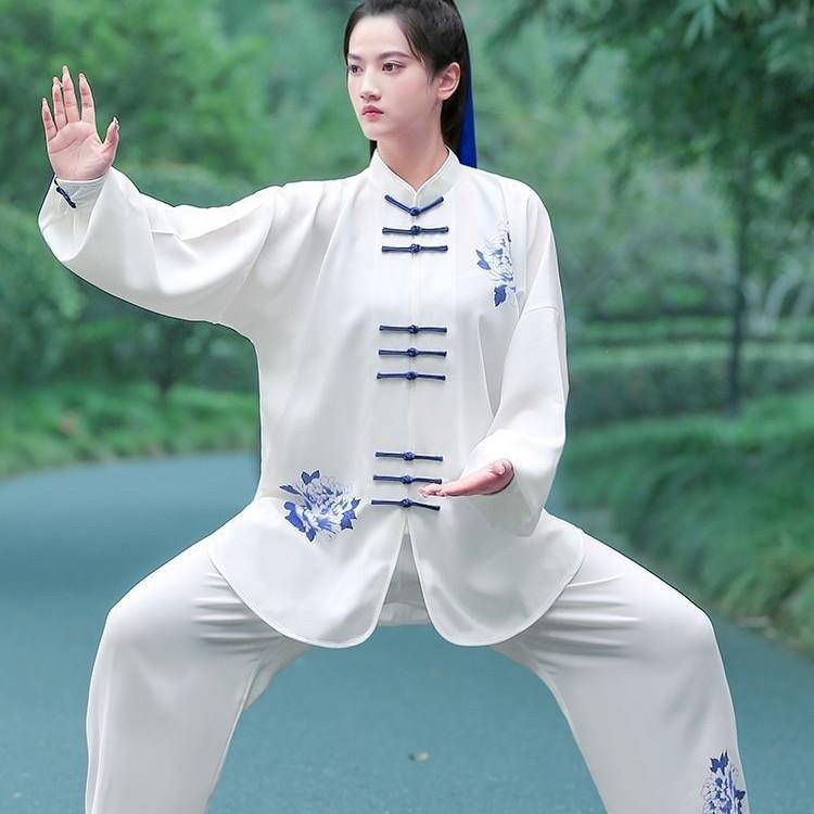 新款夏季国色牡丹太极服女高端八段锦武术服比赛太极拳练功服男白