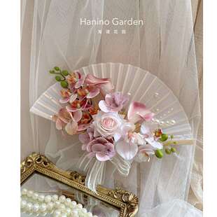 新中式新娘折扇手捧花结婚团扇迎亲婚礼拍照道具仿真花晨袍扇子