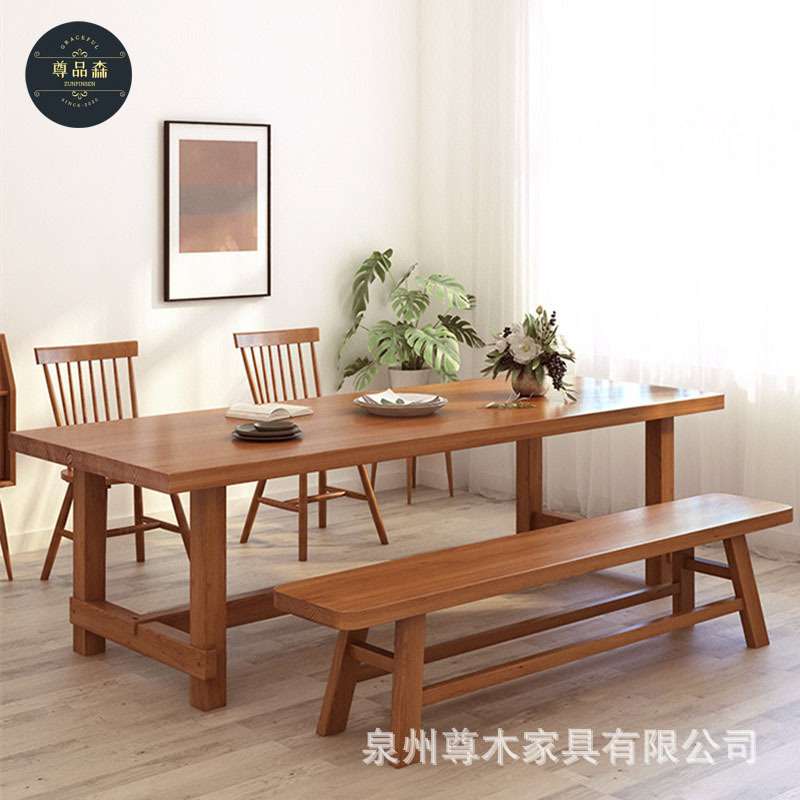 日式全实木餐桌椅组 原木家用吃饭桌子长条桌配长凳民宿客栈桌椅