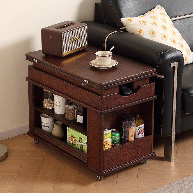 多功能可移动升降实木茶桌家用客厅沙发边几带储物高度调节小推车