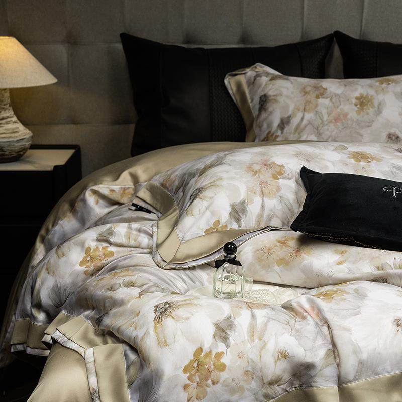 轻奢美式风莱赛尔天丝四件套夏季凉感亲肤被套精致印花枕套夏季用