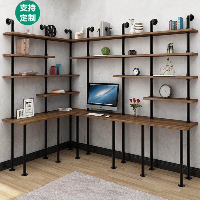 工业风铁艺水管电脑桌loft创意墙上置物书桌一体简约实木书桌