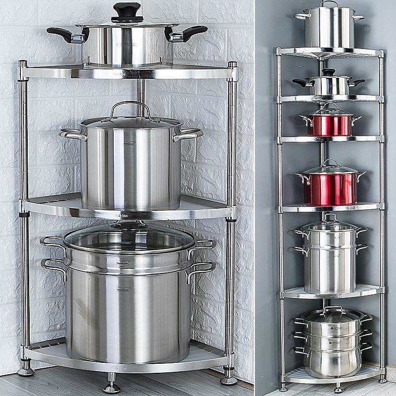 厨房角落置物架三角不锈钢落地转角收纳架多功能放锅架子家用多层