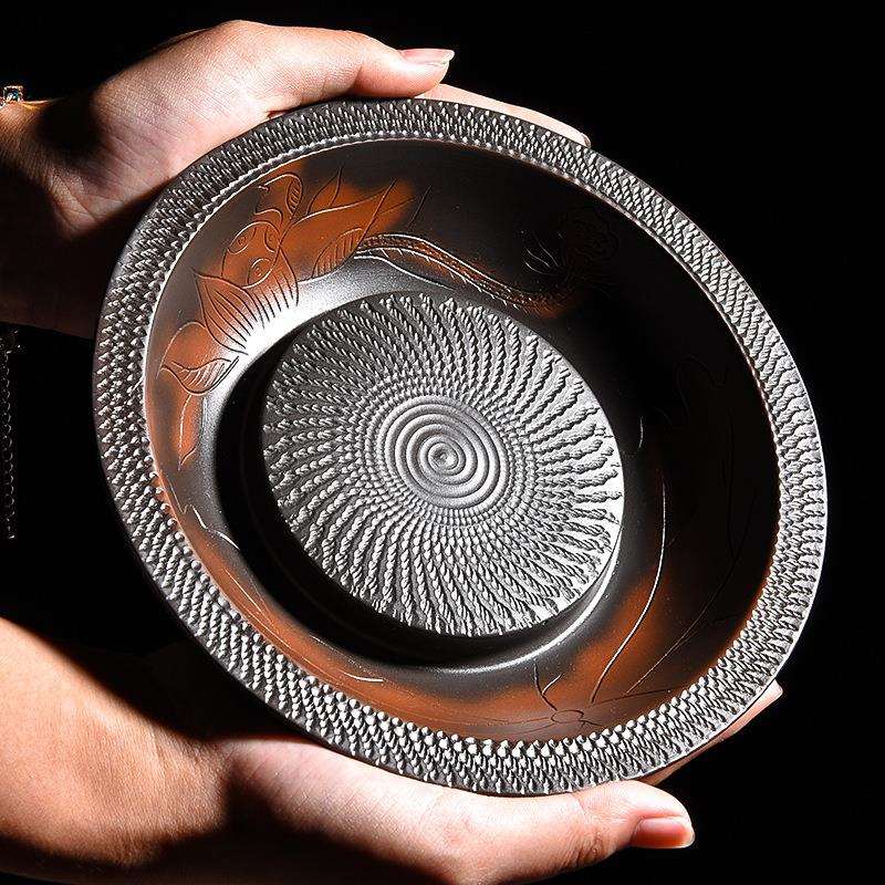 紫陶壶承手工雕刻纹复古紫砂茶壶底座小干泡台陶瓷养壶垫茶道配件