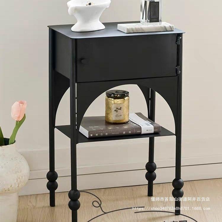 轻奢沙发边几黑色窄边柜小卧室床头柜复古床几斗柜客厅靠墙边