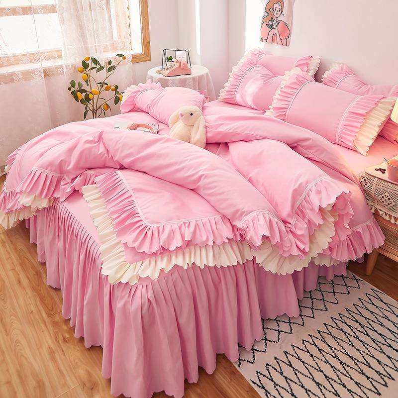 韩版亲肤磨毛双层荷叶边四件套床裙纯色蕾丝边公主床单三件套