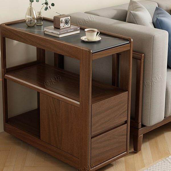 实木沙发边柜侧柜带轮可移动小茶几家用客厅现代简约岩板轻奢边w&