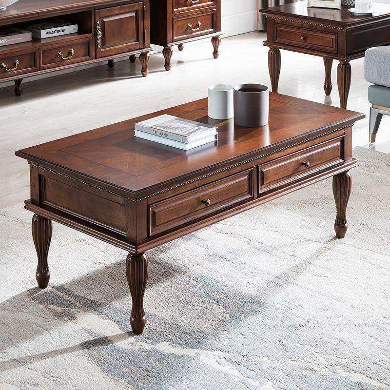 美式茶几实木客厅茶桌家用复古长方形茶台欧式储物收纳抽屉小户P^