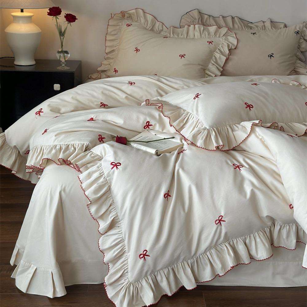 法式少女蝴蝶结四件套贡缎纯棉磨毛花边被套秋冬加厚保暖床品