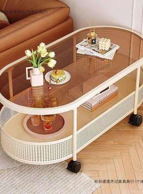 奶油风移动茶几小户型客厅家用沙发椭圆形边几卧室床头玻璃小推车