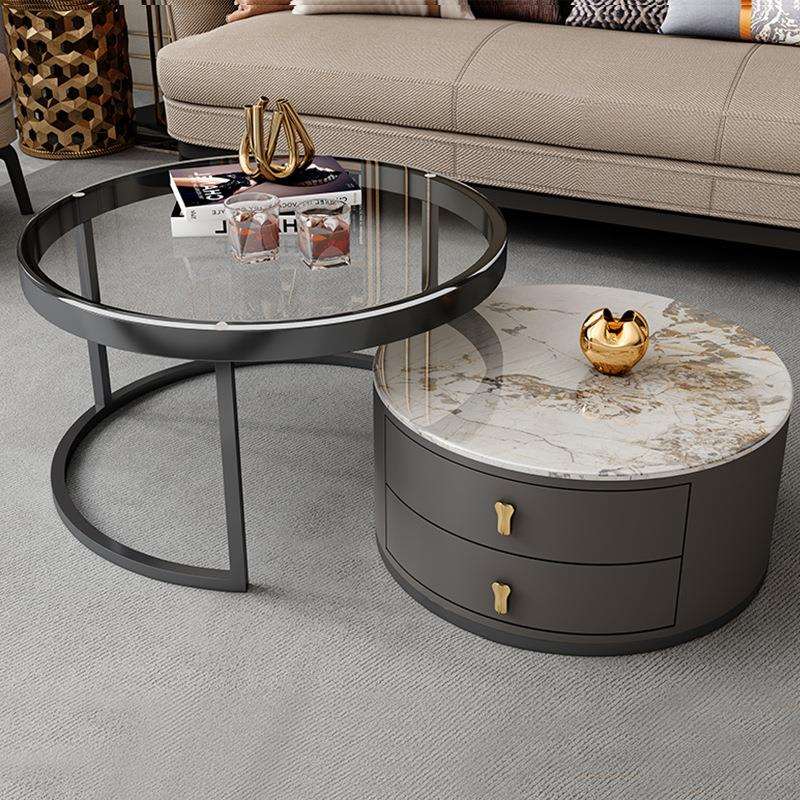 岩板茶几客厅家用小户型伸缩网红小桌子圆形玻璃简约轻奢现代茶几