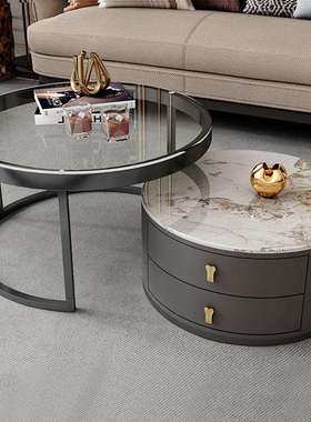 岩板茶几客厅家用小户型伸缩网红小桌子圆形玻璃简约轻奢现代茶几