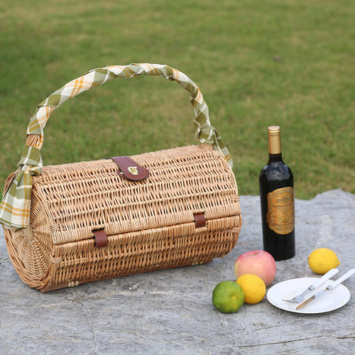 4人份户外郊游柳编野餐篮带餐具 便携手提编织篮子带盖子