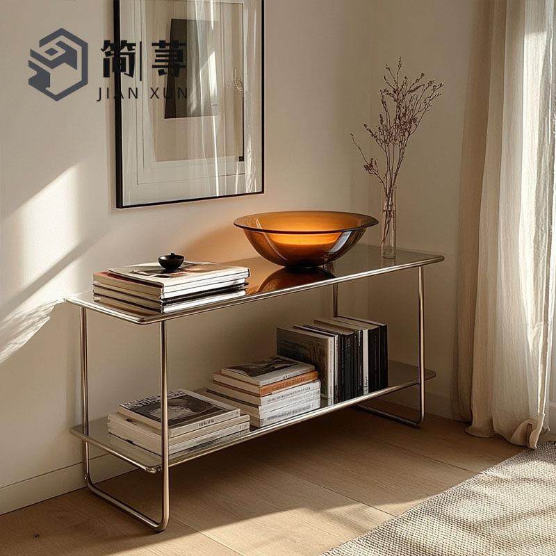 中古风家用入户玄关桌简约现代不锈钢玄关架置物架收纳架书架边桌